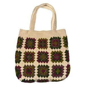 Handmade Granny Square Tote Bag Cream Purple Patchwork Cottage Retro Boho Hippie